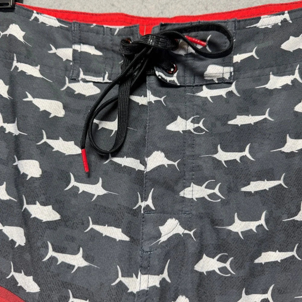 Pelagic Sharkskin Board Shorts Mens 40x12 Red Grey American Flag Fish Fishing
